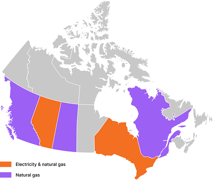 A map of Canadian provinces showing service areas for electricity and natural gas