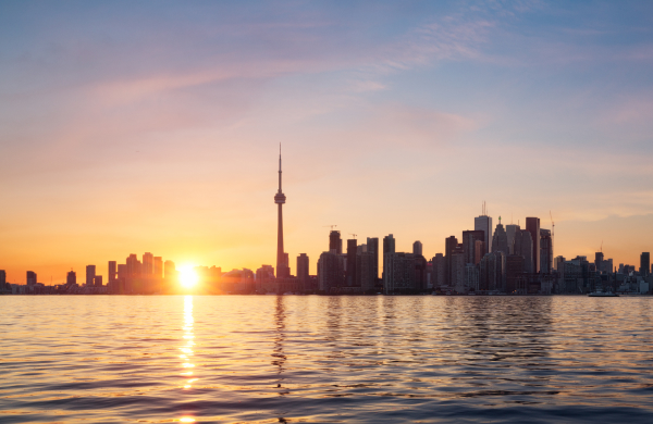 Skyline with river and sunset